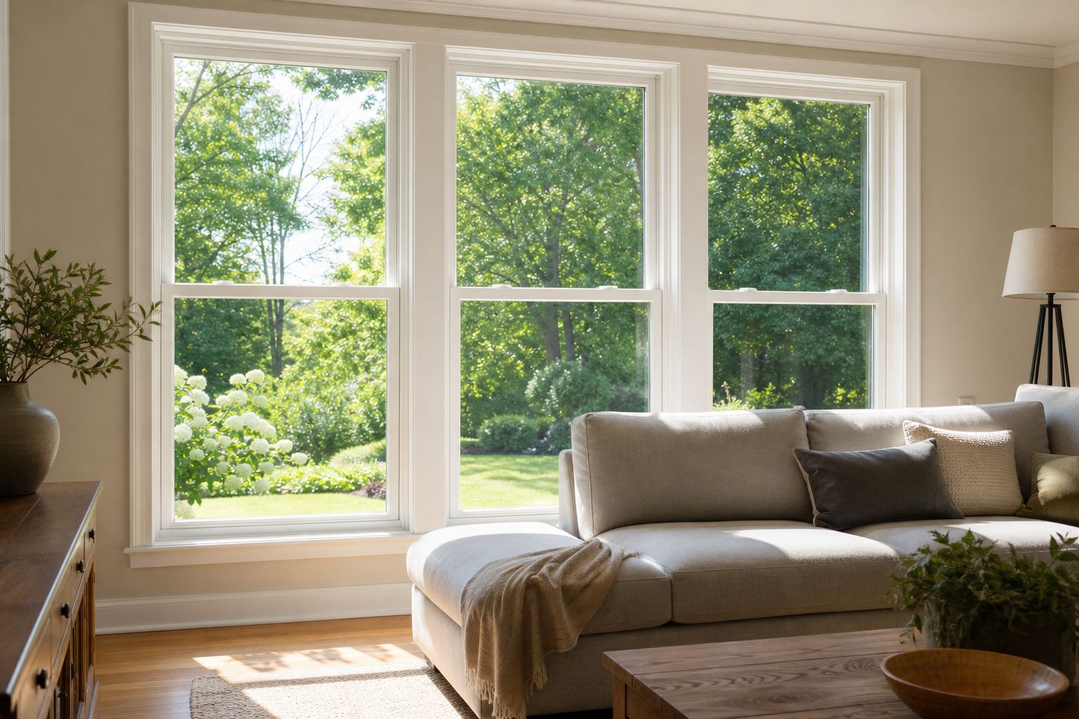 Sunny living room with new energy-efficient windows